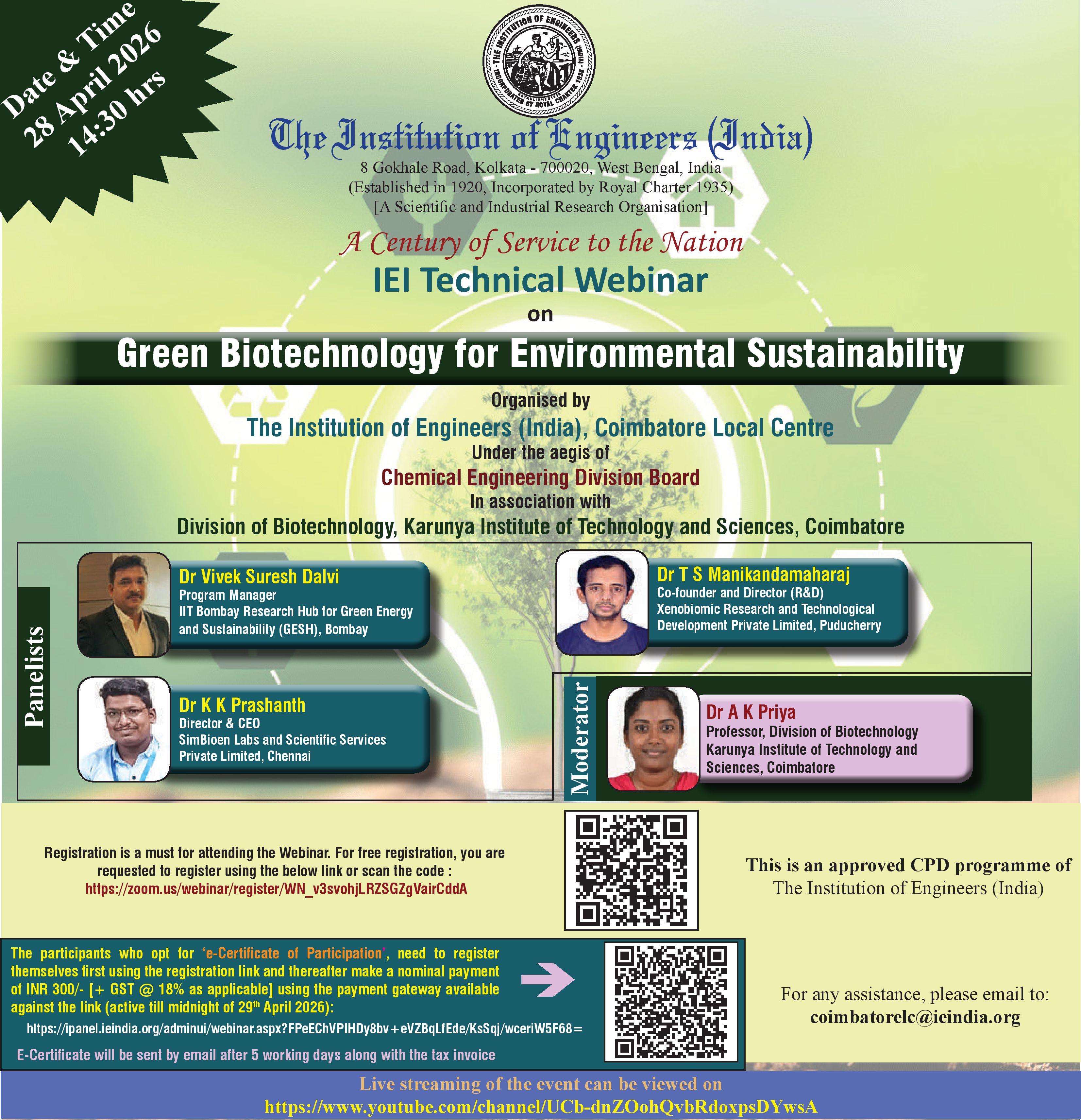 Technical Webinar on “Green Biotechnology for Environmental Sustainability” - CHDB - 28.04.2026